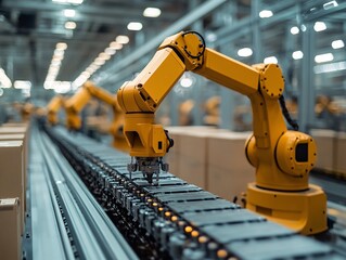 A robotic arm operates on a conveyor belt in a modern warehouse, showcasing automation and efficiency in industrial processes.