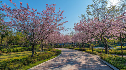 Cherry blossom trees line a peaceful pathway in a sunny park during springtime