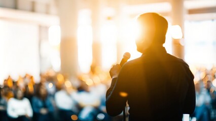 A soft blur of people listening from behind a keynote speaker on stage.
