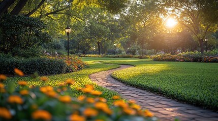 Naklejka premium A green park with winding paths, street lights, and flowers