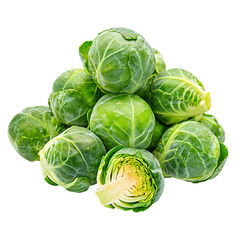 Fototapeta premium Fresh brussels sprouts in a pile, isolated on transparent background.