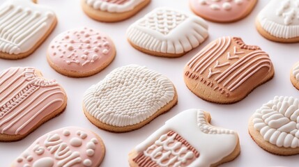 A variety of ugly sweater cookies, close-up view of playful icing designs with festive holiday colors, detailed textures on each cookie