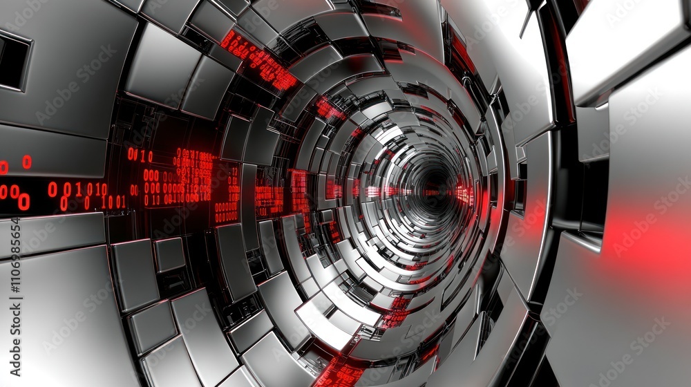 Poster a futuristic tunnel design with metallic surfaces and glowing red data streams.