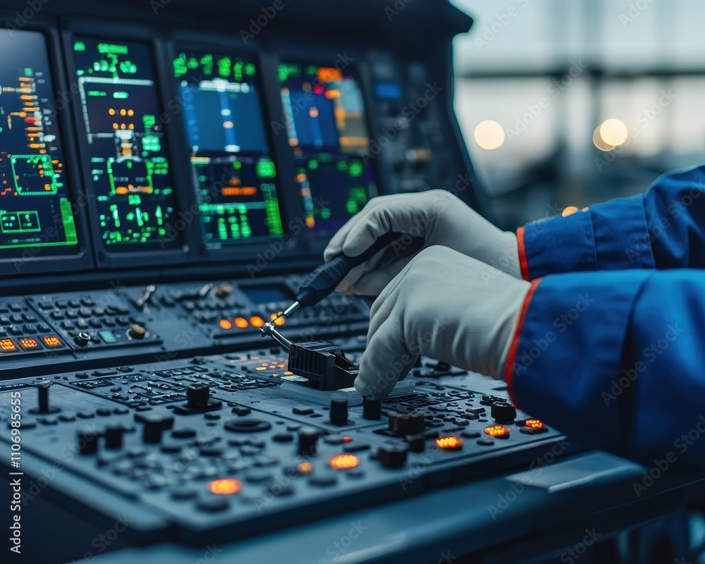 Poster aircraft technician safety concept. cockpit control panel with operator adjusting settings and monit