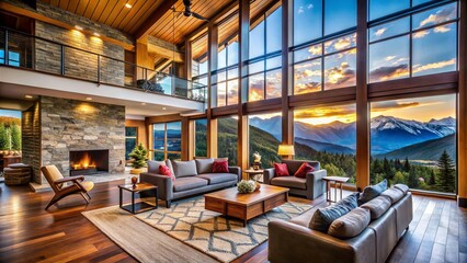 Lofty Mountain Home Interior with Breathtaking Views of Nature, Emphasizing Architecture Harmonized with the Surrounding Landscape for Serenity and Inspiration