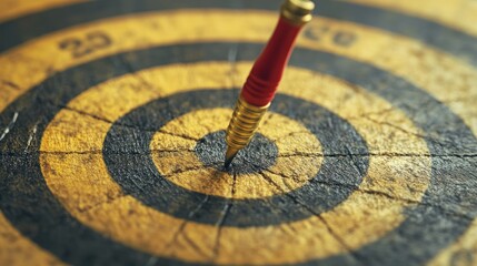 A Red and Gold Dart Stuck in the Center of a Worn Wooden Dartboard