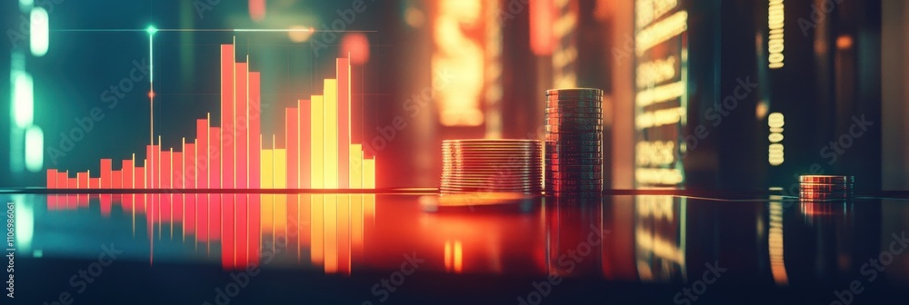 Poster a digital display of financial data with coins, symbolizing investment and market trends.