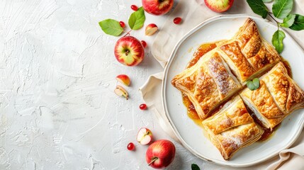 Fresh puff pastry with jam and apples on white table, top view with room for text