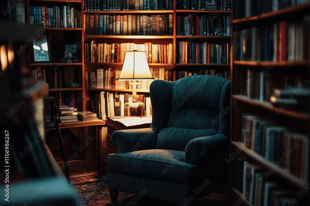 Poster a cozy reading nook with a chair and lamp amidst a bookshelf-filled room.