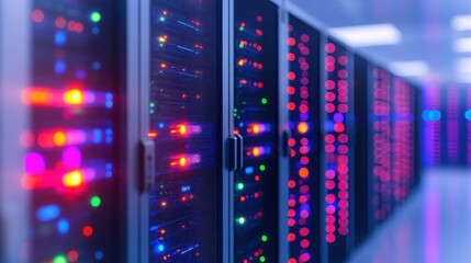 Naklejka premium Modern server room featuring illuminated data servers, showcasing technological advances in data processing and storage.