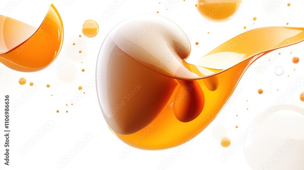 Poster abstract design featuring flowing orange liquid shapes and bubbles on a white background.