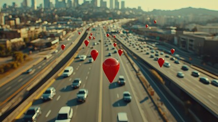 Red Location Pins Hovering Above a City Highway