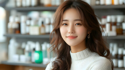 Woman with Long Brown Hair Smiles Calmly, Skincare Products in Background