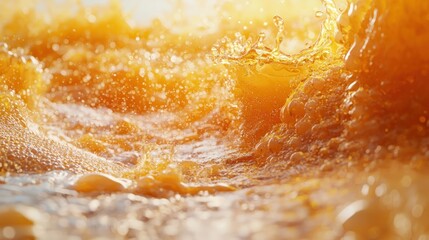 Close-up of Orange Juice Splash with Sunlight Reflecting off the Surface
