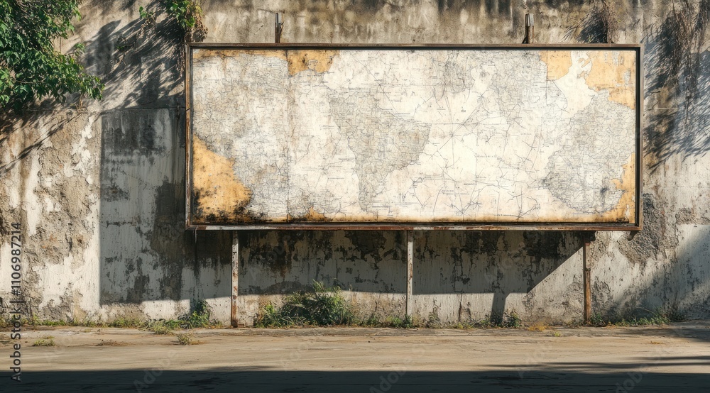 Poster A weathered billboard displaying an old map against a textured wall in an urban setting.