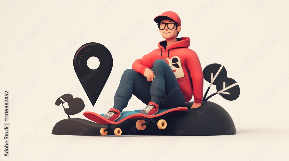 Poster A stylized character on a skateboard with trees and a location pin, representing leisure and fun.