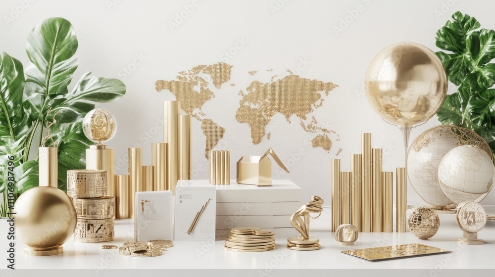 Poster A stylish display of gold-themed decor and objects against a world map backdrop.