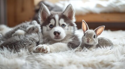 Fototapeta premium Husky Puppy, Rabbit, and White Furry Blanket