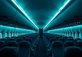 Fototapeta premium The interior cabin of an airplane with rows of seats and lights on.