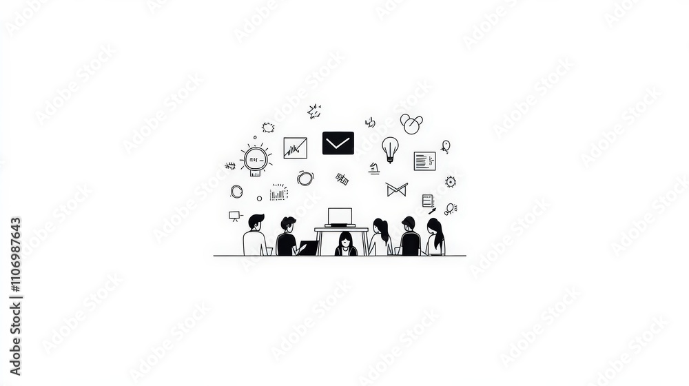 Poster illustration of team collaboration with icons and graphs in workspace