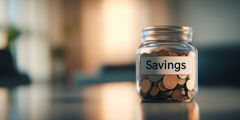 clean image of jar labeled Savings filled with coins, symbolizing financial planning and saving habits. warm lighting creates cozy atmosphere