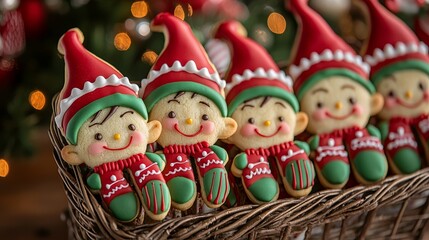Fototapeta premium Assorted elf-shaped cookies in a basket, decorated with red and green icing, pointy hats, striped stockings, ideal for Christmas party treats, playful design