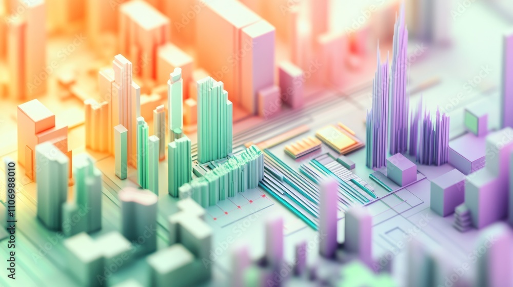 Poster a stylized 3d cityscape with colorful buildings and intricate layouts.