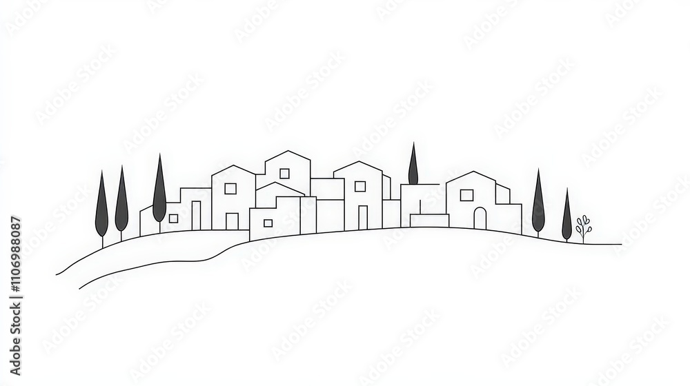Poster simple line art of houses and trees on a hill in minimal style