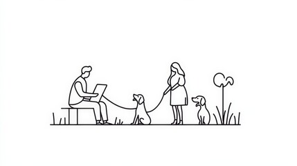Obraz premium People with Dogs in Minimalist Line Art Style on White Background