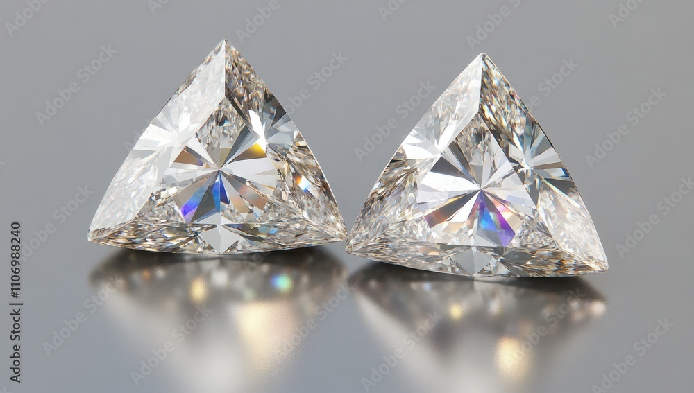 Poster Two sparkling triangular diamonds reflecting light on a smooth surface.