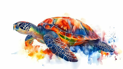 Vibrant Sea Turtle Watercolor Painting: Ocean Life, Colorful Shell, Marine Animal, Aquatic Wildlife, Underwater World, Tropical Creature, Shell Texture, Vivid Colors, Detailed Artwork, Nature's Beauty