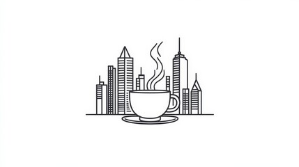 Obraz premium Coffee Cup with City Skyline Background in Minimalist Style