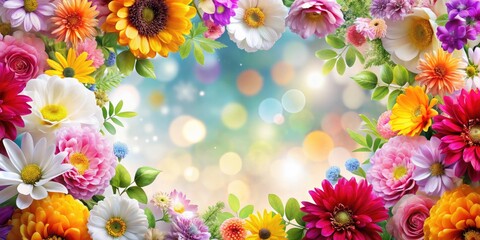 Fototapeta premium Colorful Floral Frame, Bokeh Background, White, Flower Border, Floral Design, Pretty Flowers, Spring Flowers, Summer Flowers, Beautiful Flowers, Floral