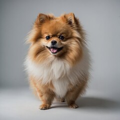 A fluffy Pomeranian with its tail wagging, surrounded by a white backdrop.

