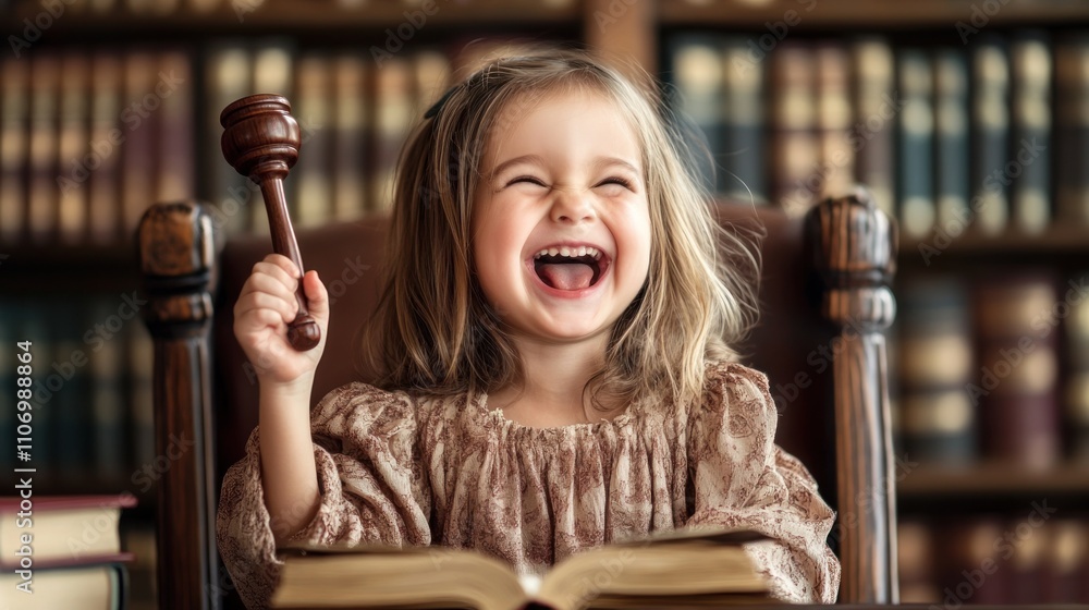 Poster a joyful child holding a gavel in a library, symbolizing playfulness and imagination.