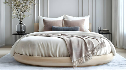 Obraz premium Relaxing Bedroom Design: Modern Round Bed with Neutral Tones and Soft Textures