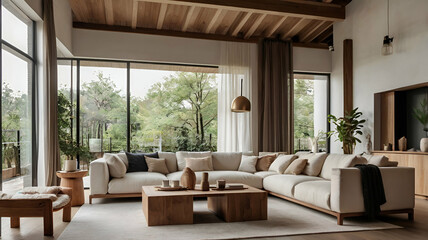 Japandi Minimalism: Elegant Modern Living Room with White Sofa", minimalist design, Japandi style, modern living room, large white sofa, cozy cushions, wooden furniture, natural light, 