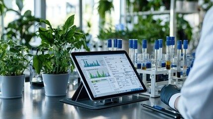 A modern laboratory scene featuring a tablet displaying data charts, surrounded by plants and test tubes, emphasizing research and technology in botany or biology.