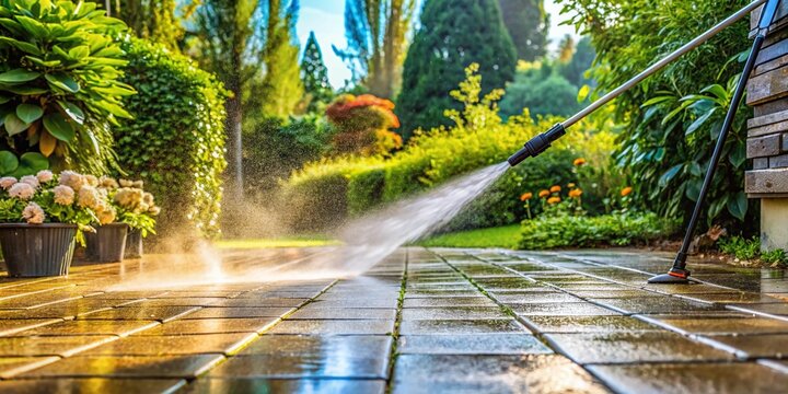 Long Exposure of High-Pressure Cleaning Patio with Karcher Washer, Close-Up View of Washing Paving Slabs in a Garden, Sparkling Clean Sidewalk, Outdoor Maintenance Scene