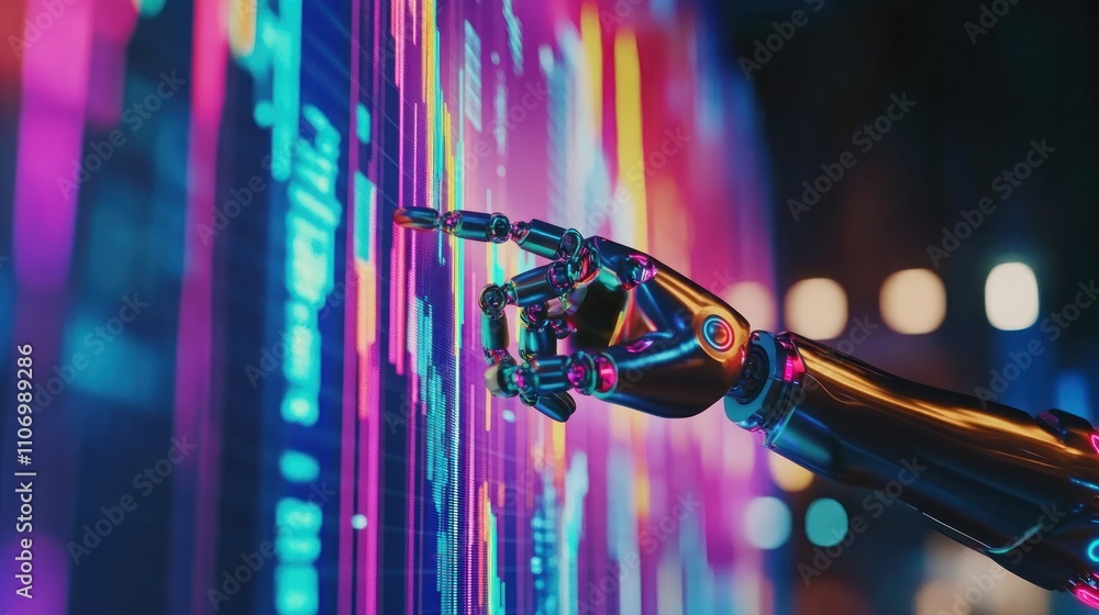 Aufkleber neon-lit robotic hand interacting with futuristic data display