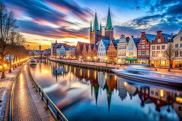 Fototapeta premium Long Exposure of Lübeck's Historic City Centre: Captivating Night Views of Hanseatic Architecture and Old Town Charm in Schleswig-Holstein, Germany on February 13, 2024