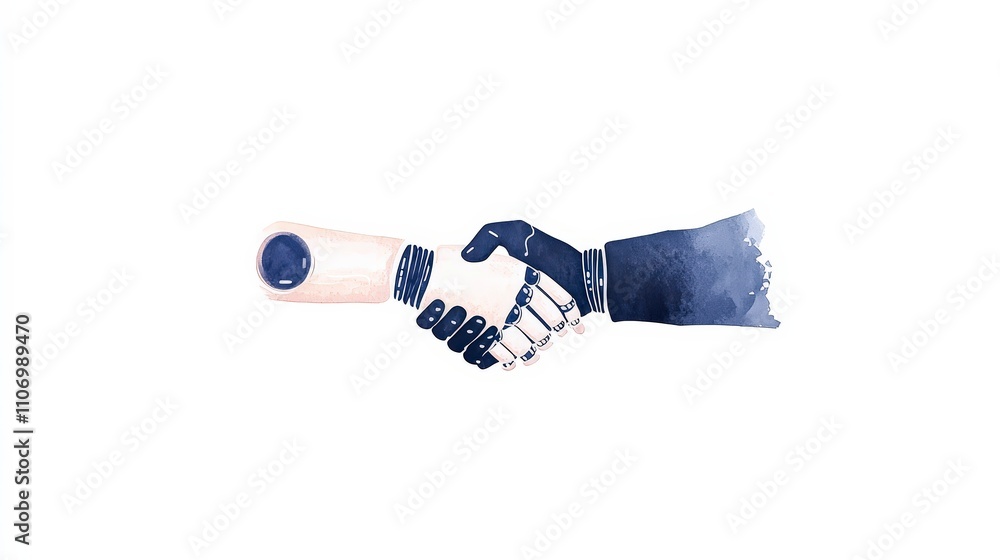 Poster handshake between human hand and robotic arm symbolizing unity