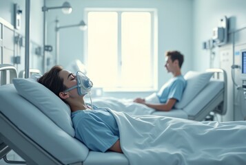 Fototapeta premium Hospital Room Woman Sleeping With Oxygen Mask
