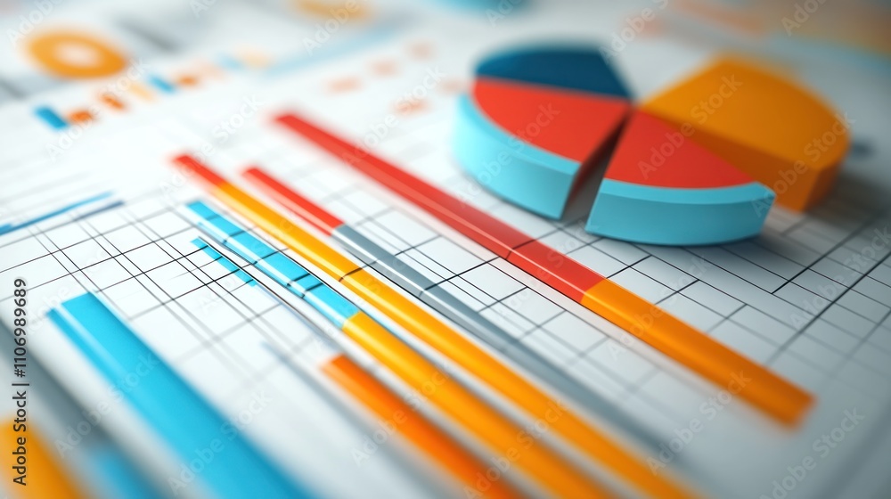 Poster Colorful graphs and charts illustrating data analysis and trends.