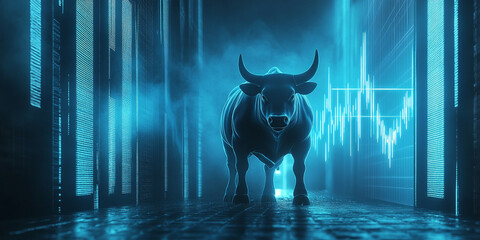 luminous bull exuding confidence symbolizes economic growth and strength in digital environment. blue tones enhance futuristic feel of financial market
