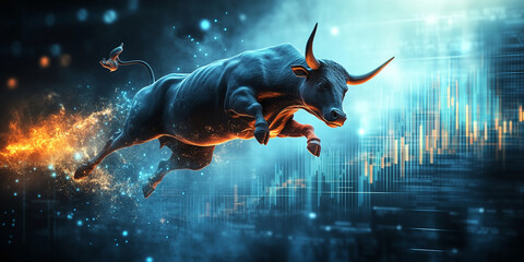 luminous bull leaps upward, symbolizing strength and vitality amidst dynamic digital backdrop. vibrant colors and energetic motion evoke sense of excitement and power