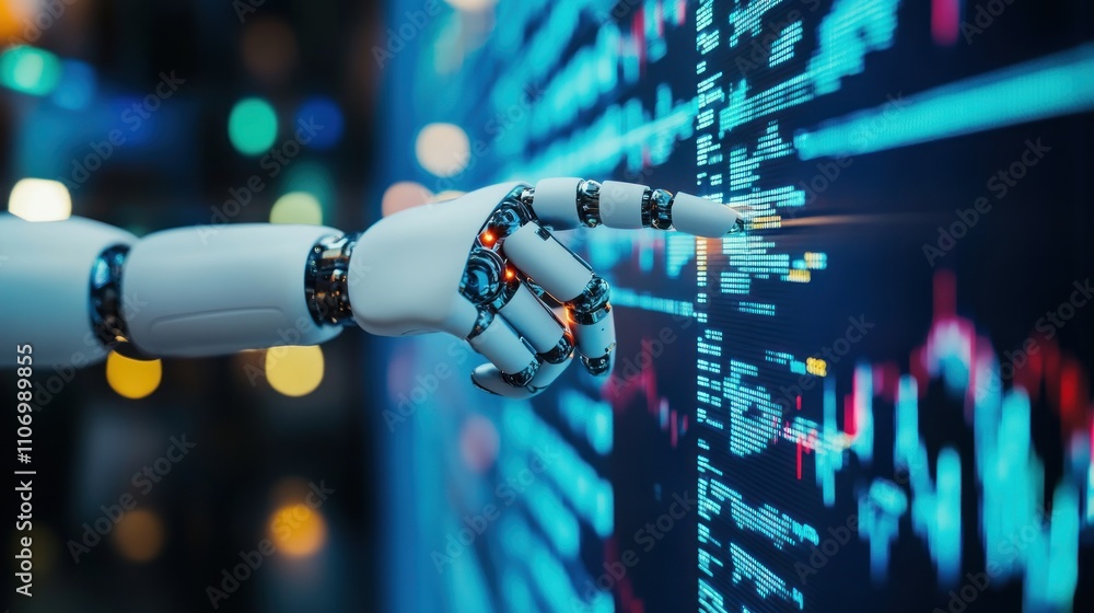 Poster robotic hand interacting with digital data streams