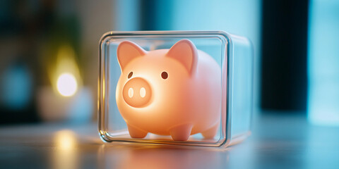 glowing piggy bank within transparent enclosure symbolizes savings and financial security. This charming image evokes feelings of warmth and protection
