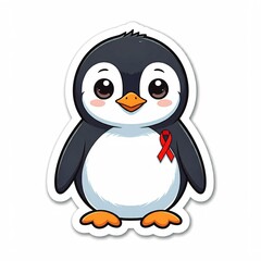 Obraz premium Chibi penguin with red ribbon on its flipper, celebrating World AIDS Day.