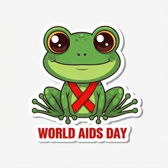 Chibi frog with red ribbon, commemorating World AIDS Day. The frog will appear cheerful and spirited, with big eyes and a cute sticker-style outline, on a simple white background.